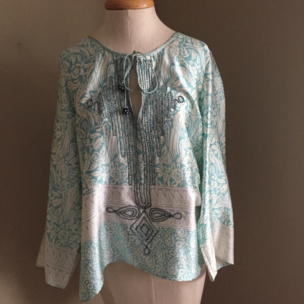 Calypso St Barth Teal Keyhole Silk Stitch Top M